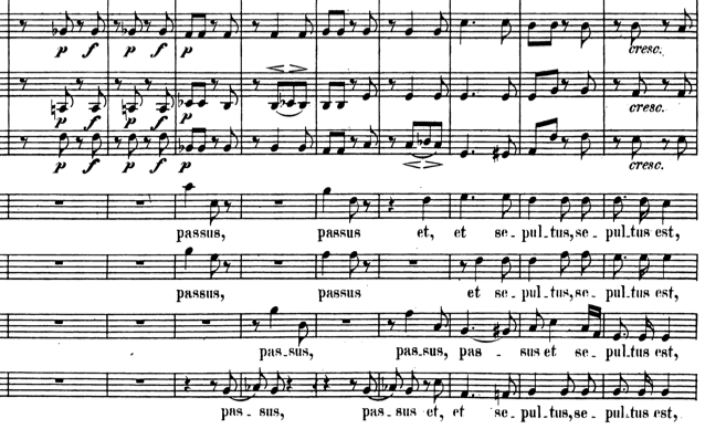 Fig. 11: solistas mencionan por primera vez que Jesucristo “padeció y fue sepultado”, cc. 154-162