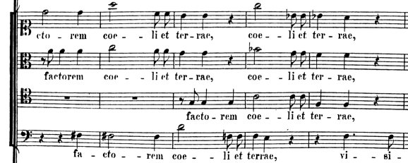 Fig. 3: pronunciamiento de la frase “creador del cielo y de la tierra” en cada una de las cuerdas del coro (la primer entrada, de la soprano, se encuentra en el compás 18, no presente en esta figura), cc. 19-23