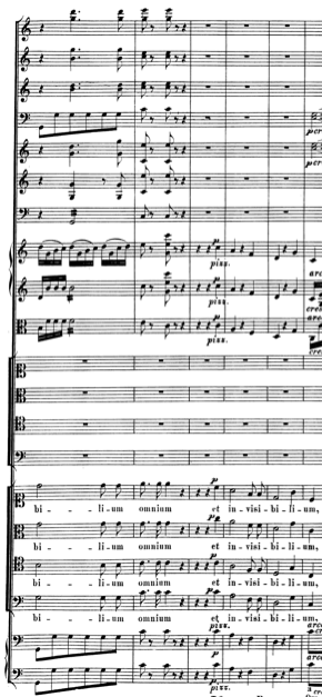 Fig. 4: interacción entre la orquesta y el coro en los textos “visibilium omnium” y “et invisibilium”, cc. 26-30 (el orden de los pentagramas, de arriba hacia abajo, sigue la tradición de escritura de música sinfónico-coral de la época: flautas, oboes, clarinetes, fagotes, cornos, trompetas, timbales, violines I, violines II, violas, SATB solistas, SATB coro, violoncellos y contrabajos+órgano)