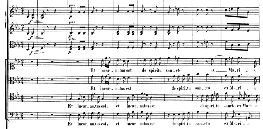 Fig. 8: comienzo del Adagio con el texto “Et incarnatus est de Spiritu Sancto ex Maria Virgine”, cc. 130-138