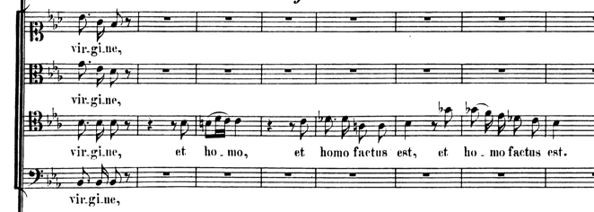 Fig. 9: solo del tenor pronunciando tres veces “et homo factus est”, cc. 139-146