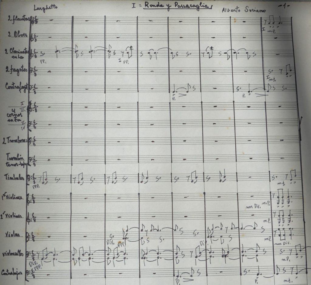 Manuscrito de la primera página de "Ronda y Passacaglia" del "Ciclo de los Valles Calchaquíes"