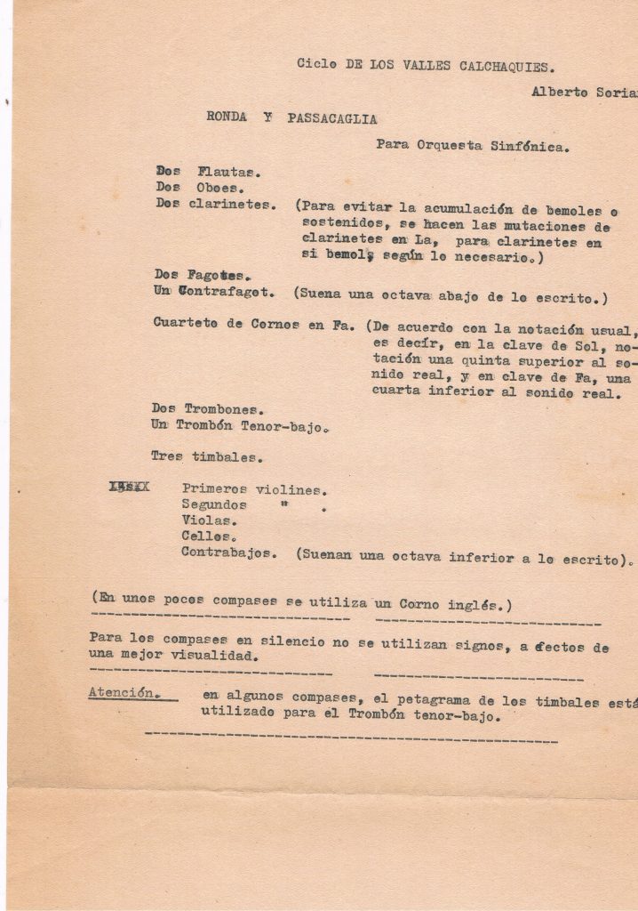 Notas mecanografiadas por Alberto Soriano para "Ronda y Passacaglia", primer movimiento del "Ciclo de los Valles Calchaquíes"