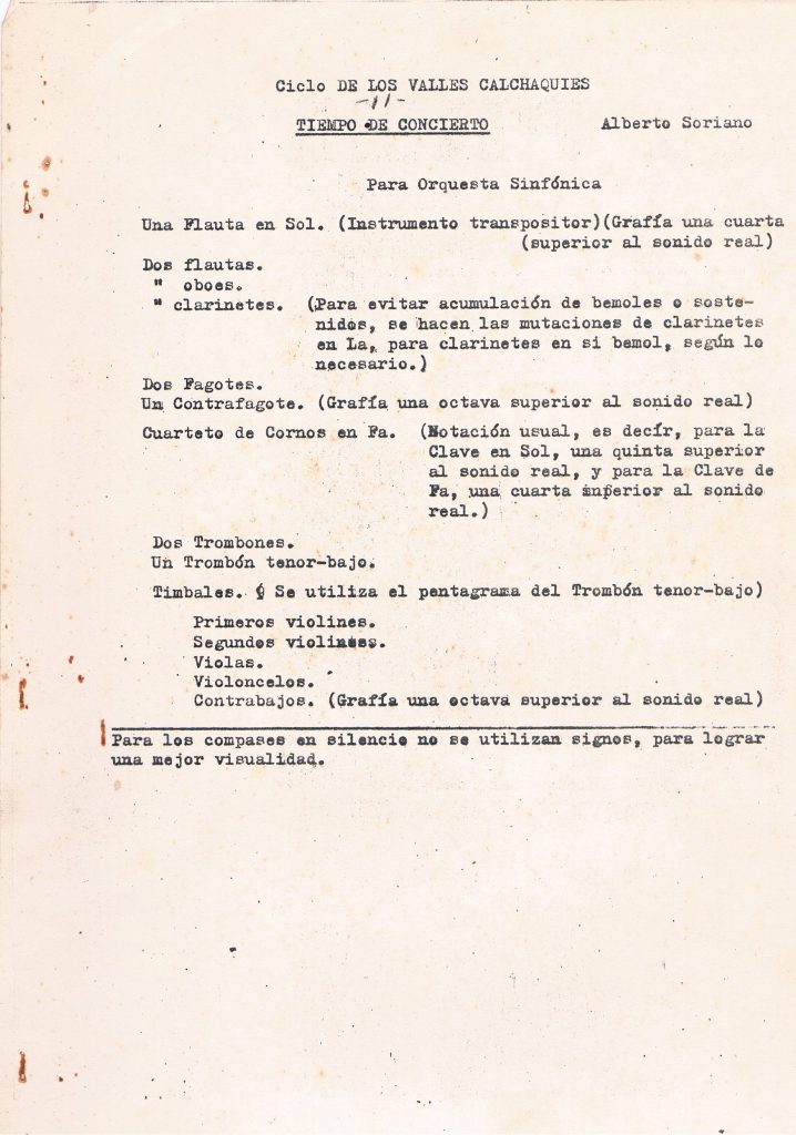 Notas mecanografiadas por Alberto Soriano para la "Tiempo de Concierto", segundo movimiento del "Ciclo de los Valles Calchaquíes" (fuente: archivo Alberto Soriano, cortesía de Mireya Soriano de Lagarmilla).