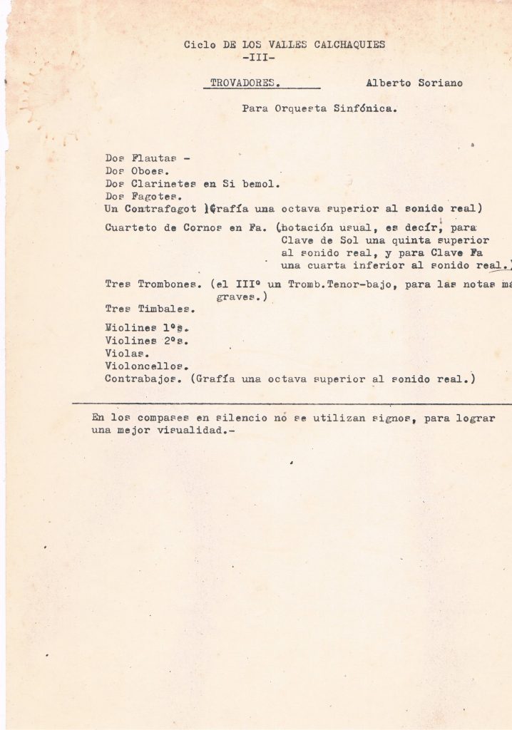 Notas mecanografiadas por Alberto Soriano para "Trovadores", tercer movimiento del "Ciclo de los Valles Calchaquíes" (fuente: archivo Alberto Soriano, cortesía de Mireya Soriano de Lagarmilla).
