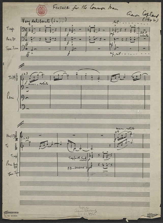 Manuscrito de la Fanfare for the Common Man de Aaron Copland (fuente: Librería del Congreso, USA)