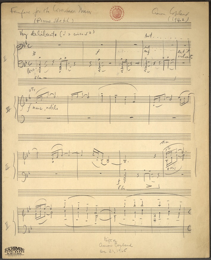 Manuscrito de la reducción para piano de la Fanfare for the Common Man de Aaron Copland (fuente: Librería del Congreso, USA)